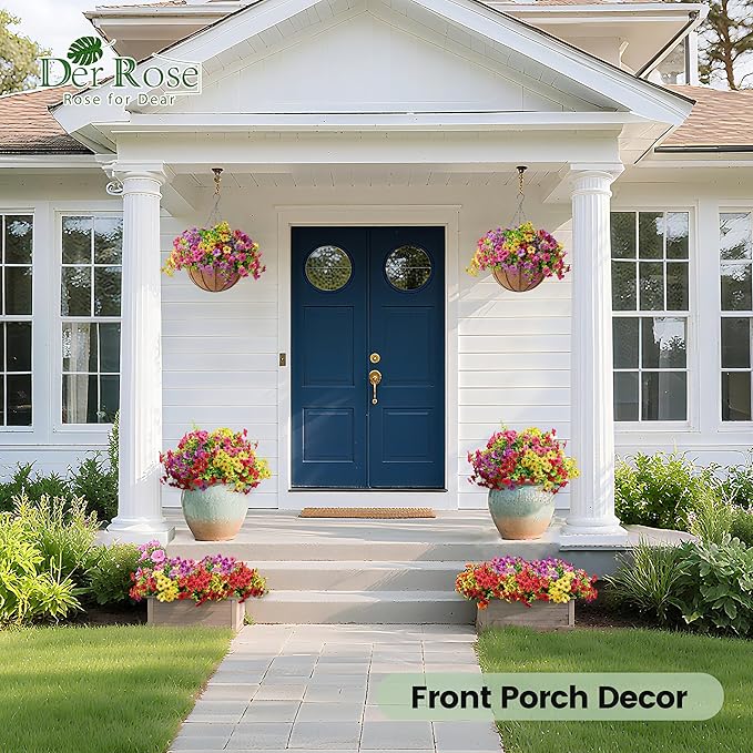 Der Rose Artificial Hanging Flowers Basket for Outdoors Fake Hanging Plants Spring Summer Decoration UV Resistant for Garden Front Porch Patio Balcony Decor