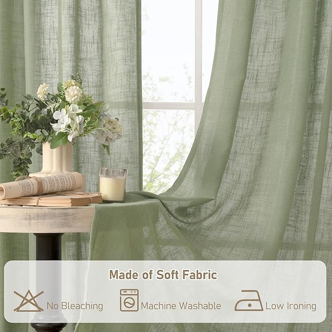 LAMIT Extra Wide Linen Curtains for Bedroom, Light Filtering Faux Linen Textured Panels Semi Sheer Back Tab and Rod Pocket Boho Drapes for Living Room/Farmhouse, 2 Panels, Sage Green, 60 x 63 Inch