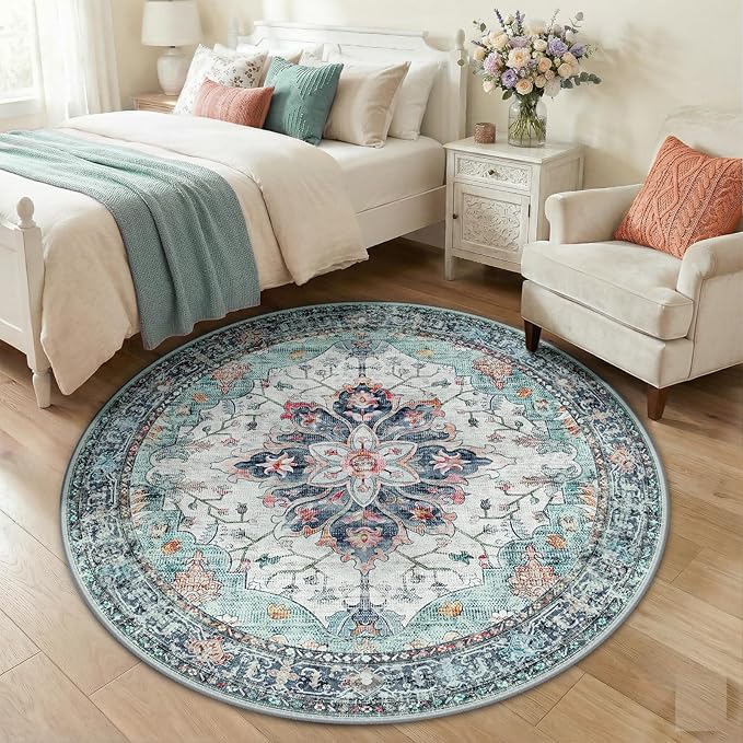 RELEANY Area Rugs 5ft Washable Non-Slip, Floral Vintage Distress Print Pattern Medallion Carpet for Living Room Bedroom Dining Room, Green Navy Blue White Red Teal Colorful