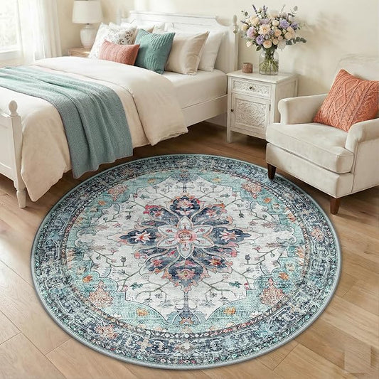 RELEANY Area Rugs 5ft Washable Non-Slip, Floral Vintage Distress Print Pattern Medallion Carpet for Living Room Bedroom Dining Room, Green Navy Blue White Red Teal Colorful