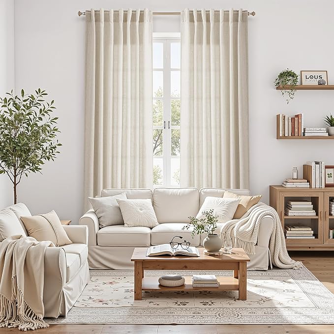 Nanspring Warm Beige Linen Curtains 102 Inches Long Rod Pocket Back Tab Drapes 2 Panels Set for Living Room Bedroom Light Filtering Semi Sheer Warm Beige Curtain 102 Length for Patio Door 52x102
