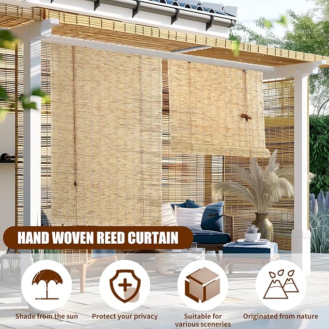 Reed Roller Blinds Shades, Vertical Lifting and Breathable Waterproof Design, Sun Shade and Ventilation, Easy Installation,24" Wx64 H
