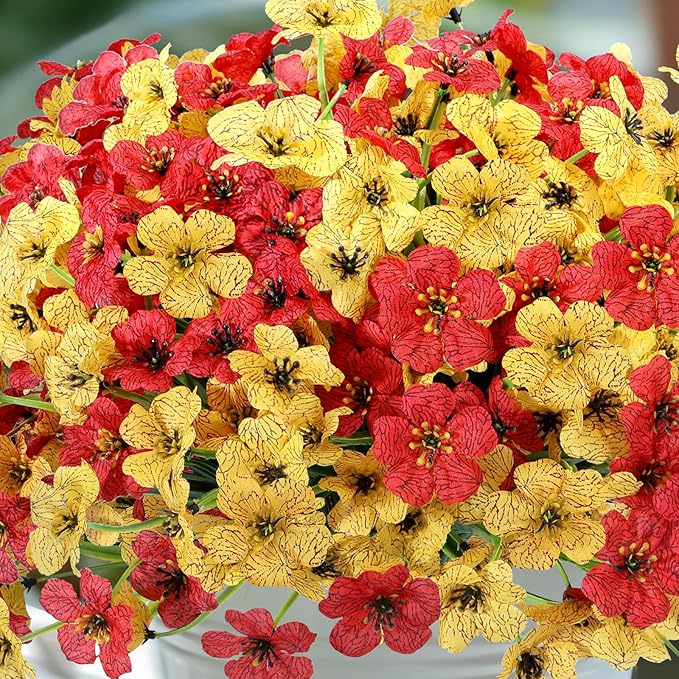 Geegoods Artificial Mums Flowers for Outdoors, 16 Bundles UV Resistant Fake Plastic Red and Yellow Flowers for Patio Porch Spring Summer Decor