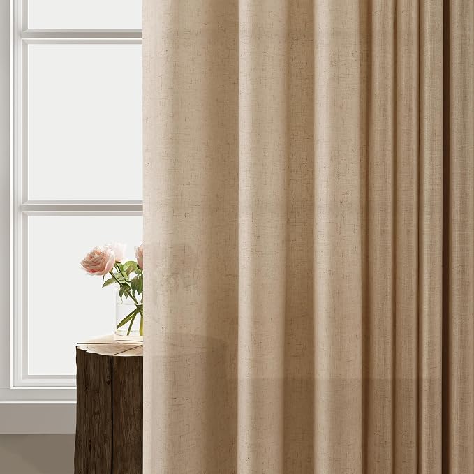 Sand Beige Grommet Linen Curtains 96 Inches Long 2 Panels Set for Living Room Bedroom Sliding Glass Door Light Filtering Drapes 96 Inch Length Neutral Farmhouse Semi Sheer Curtain for Office 52x96