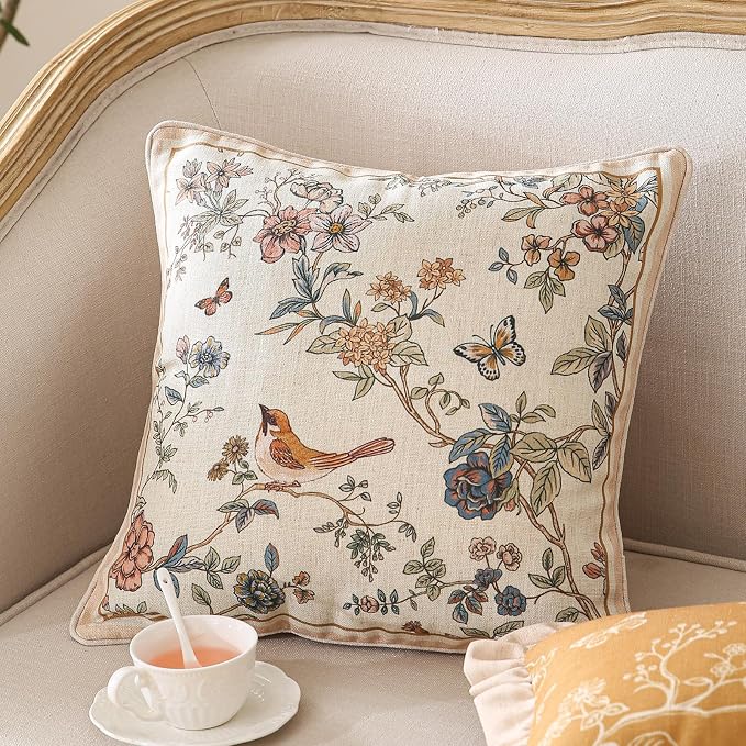 ISAENNE Designer Linen Throw Pillow Cover,Set of 2,18"x18"-Cornucopia A | Elegant French Square Pillow Cover,Concealed Zipper,Floral and Bird Pattern,Sofas,Bedroom,Living Room,Lounge Chairs