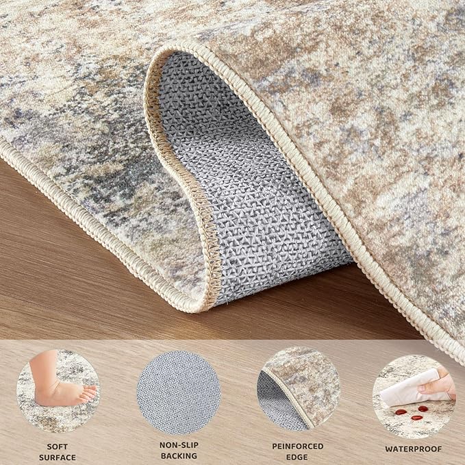 UERMEI 10ft Round Area Rug Living Room Rugs - 10x10 Washable Large Neutral Modern Abstract Soft Thin Rug Indoor Floor No Slip Rug Carpet for Bedroom Under Dining Table Home Office Decor - Golden Grey
