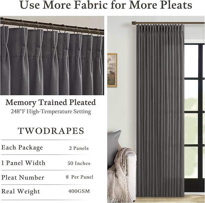 Grey Pleated Linen Curtains 96 Inches Long for Living Room 2 Panel Set Semi Sheer Light Filtering Pinch Pleat with Rings Hooks Drapes Neutral Charcoal Gray Curtain Boys Men Bedroom Window W50xL96