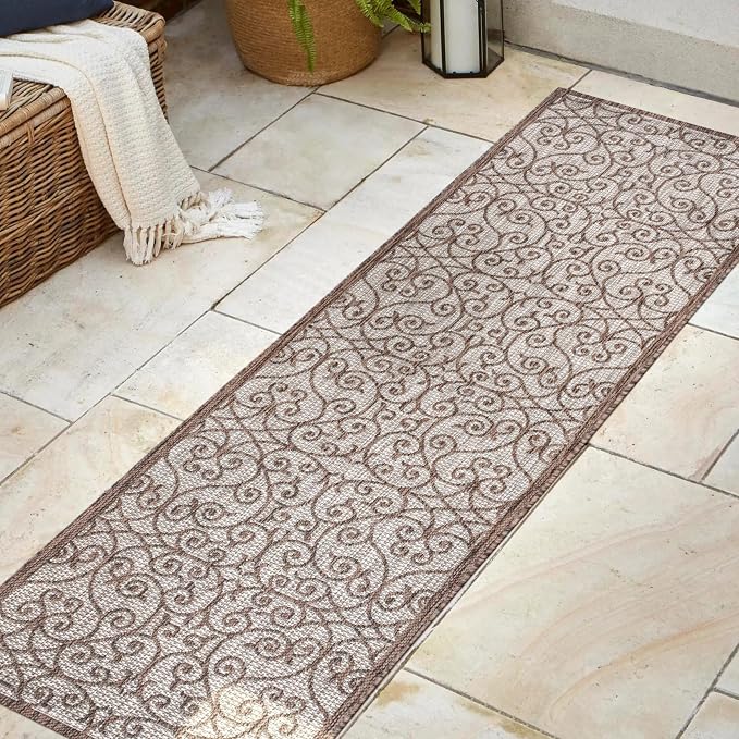 JONATHAN Y Vintage Filigree Indoor Outdoor Runner Rug 2X8 Taupe/Espresso, Madrid Textured Weave for Backyard, Patio, Porch, Easy-Cleaning, High Traffic, Pet-Friendly, Non-Shedding (SMB107C-28)