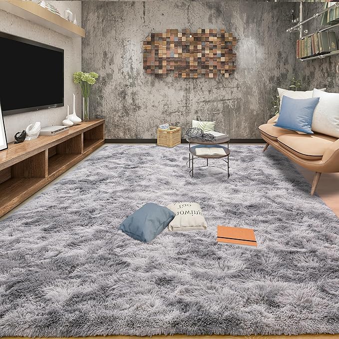Tepook Area Rugs 9x12 for Living Room, Super Soft Fluffy Rugs for Bedroom, Modern Shaggy Rug Fuzzy Carpets for Kids, Plush Indoor Nursery Home Decor Rug with Non-Slip Bottom, Tie-Dyed Light Grey