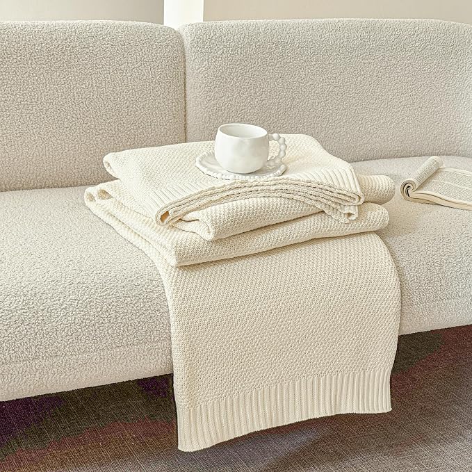 Simple&Opulence 100% Cotton Blanket Queen Size, Solid Color Cable Knitted Blanket Super Soft Comfortable Breathable Decorative Farmhouse for Couch Sofa Bed, All Season Use(White,90x90)