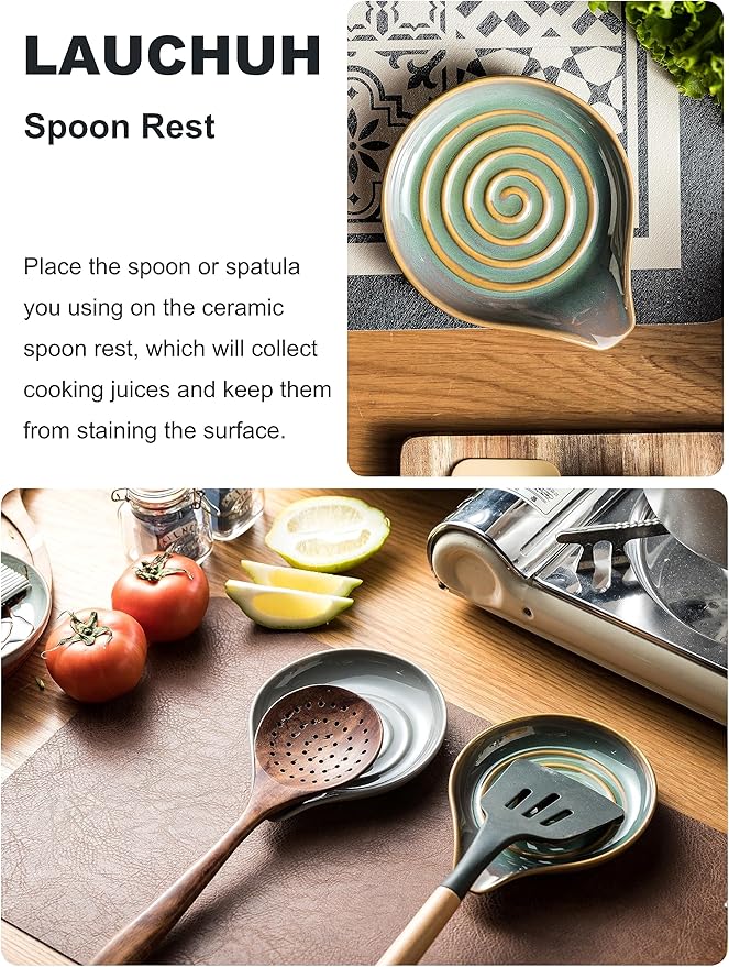 LAUCHUH Spoon Rest for Kitchen Counter,5" Spoon Holder for Kitchen Counter Stove Top Ceramic Spatula Holder for Mother's Day, Ladle, Spatula, Spoons or Tongs, Unique Green