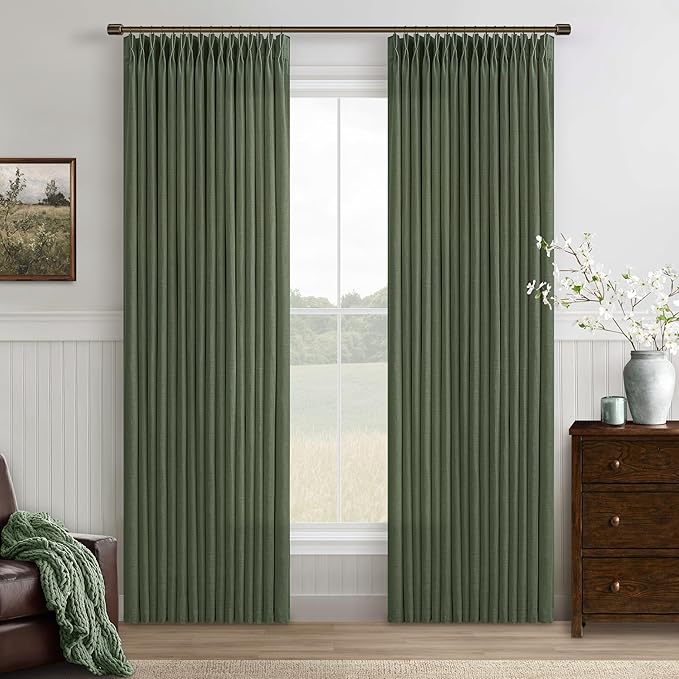 Extra Long Green Linen Curtains 120 Inches Long Boho Olive Moss Green Curtain Light Filtering Semi Sheer Back Tab Pinch Pleat Curtain for Tall Ceiling Living Room 2 Panels 50 by 120 Inch Length