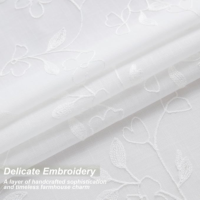 Vision Home White Floral Pinch Pleated Sheer Curtains Embroidered Leaf Patterned Farmhouse Light Filtering Window Panels for Living Room Bedroom Pleat Drapes with Back Tab Hooks 40" Wx84 Lx2