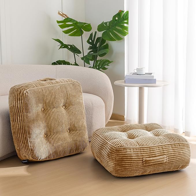 HIGOGOGO 8" Extra Thick Floor Pillow Cushion for Adults, Meditation Cushion Pillow, Large Square Floor Sitting, Tufted Corduroy Cover, for Tatami Living Room or Yoga, 22x22 Inch, 2Pack, Coffee