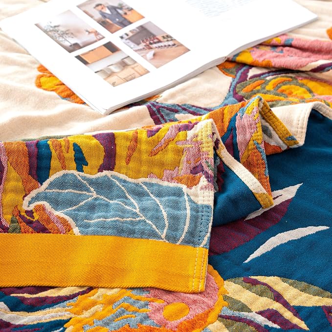 MSGKV Boho Throw Blanket for Bed 100% Cotton Throw Floral Couch Blanket 80''x90'', Summer Breathable Travel Muslin Blanket for Women Home Decor