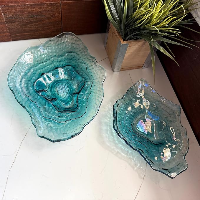 Set of 2 Oyster Shell Decorative Plates, 13 and 10 Inch Sea Blue Glass | Two Sizes for Layered Display, Wavy Uneven Rims, Glossy Finish Shifts Green, Purple, And Smoky Tones