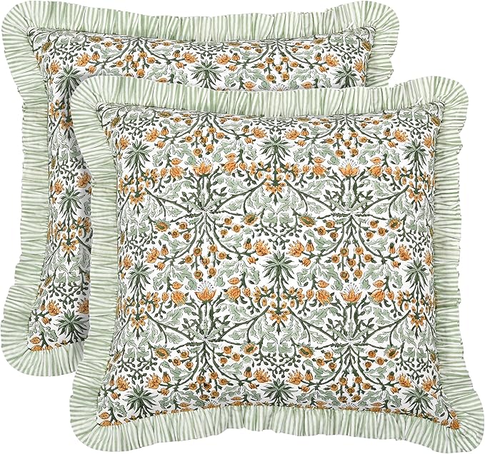 Ridhi Block Print Goldenrod Yellow Throw Pillow Cover 24" x 24" (Pack of 2) Decorative Cushion Covers with Ruffle for Couch, Sofa, Bed, Living Room, Home Decor Gift for Spring, Easter, Valentine