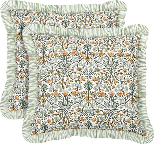 Ridhi Block Print Goldenrod Yellow Throw Pillow Cover 16" x 16" (Pack of 2) Decorative Cushion Covers with Ruffle for Couch, Sofa, Bed, Living Room, Home Decor Gift for Spring, Easter, Valentine
