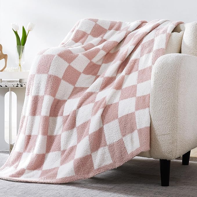 WRENSONGE Soft Checkered Throw Blanket for Couch-Cozy Warm Knitted Blankets | Lightweight Warm Fluffy Decor for Women, Mom, Her & Girls, Sofa, Chair, Bed, 50x60in,Pink