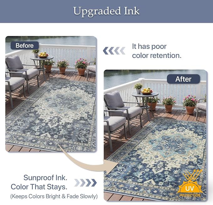 GENIMO Outdoor & Indoor Area Rug 9'x12', Waterproof, Non-Shedding, Easy Cleaning, Boho Mat for Patio, Living Room, Balcony, Dining Room, RV, Deck, Bedroom, Camping, Outside Carpet,Center Blue