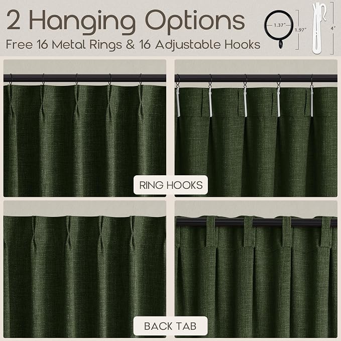 Olive Green Linen Curtains 108 Inch Length Pinch Pleated Flax Linen Semi Sheer Window Curtains for Living Room Bedroom 2 Panels Set Vintage Rustic Back Tab Memory Training Shaped Drapes 40x108