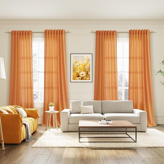 Orange Linen Semi Sheer Curtains 108 Inches Long 2 Panels Set Back Tab Loop Pocket Linen Blend Boho Large Window Curtain Extra Long Light Filtering Drapes High Ceiling Curtains for Living Room 52x108