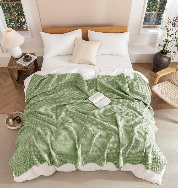 Talasily 100% Cotton Blanket King Size for Bed - Spring and Summer Cooling Lightweight & Breathable Bedding -Soft Waffle Weave Christmas Blanket, Machine Washable,Sage Green,108x90 Inches