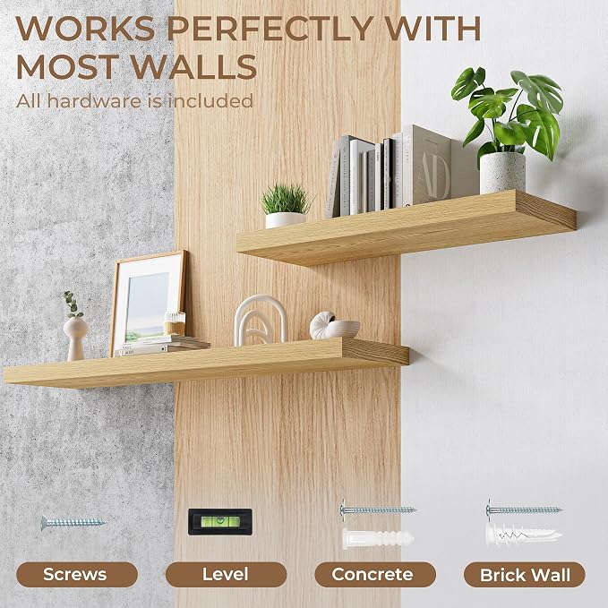 RICHFOCUS Deep Floating Shelves for Wall 2 Pack 12" D 16 Inch Wall Shelves for Room Wall|Wood Hanging Shelf with Invisible Brackets for Bathroom Bedroom Kitchen Laundry Room, Oak