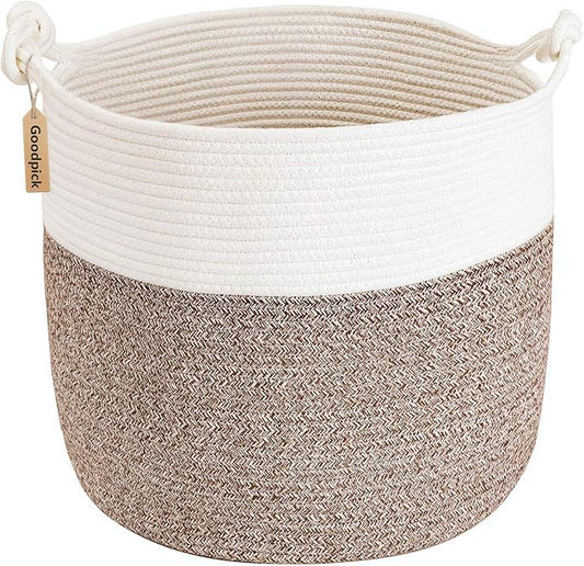 Goodpick Woven Laundry Basket, 15 x 14.2 Inches Cotton Rope Basket for Blankets, Soft Blanket Storage Baskets with Handles for Living Room, Woven Toy Storage Organizer for Nursery, Brown
