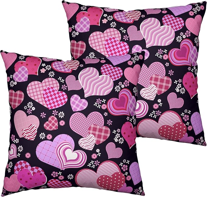 Valentines Pillow Covers 24x24 Pack of 2 Pink Purple Hearts Flowers Throw Pillow Covers Valentines Day Pink and Black Cushion Case Cotton Linen Pillowcase for Couch Sofa Patio