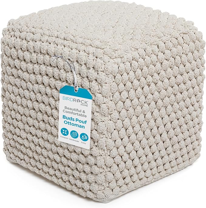 BIRDROCK HOME Square Pouf Ottoman Foot Rest - 18” Compact Comfortable Soft Cotton Knit Bean Bag Floor - Chair Foot Stool Seat for Living Room, Bedroom, or Kids Room (Natural Bud)