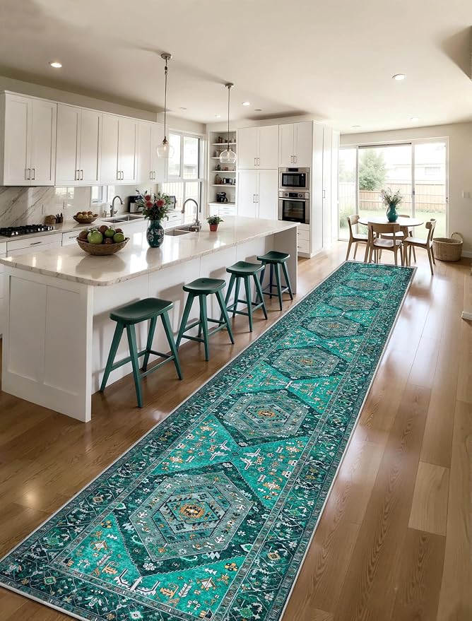 SERISSA Runner Rug for Hallways, 2'6"x18' Washable Non Slip Kitchen Runner Rug, Extra Long Boho Rug Ultra Soft Vintage Teal Print Floor Carpet for Bedroom Hallway Entryway Bathroom Laundry Room