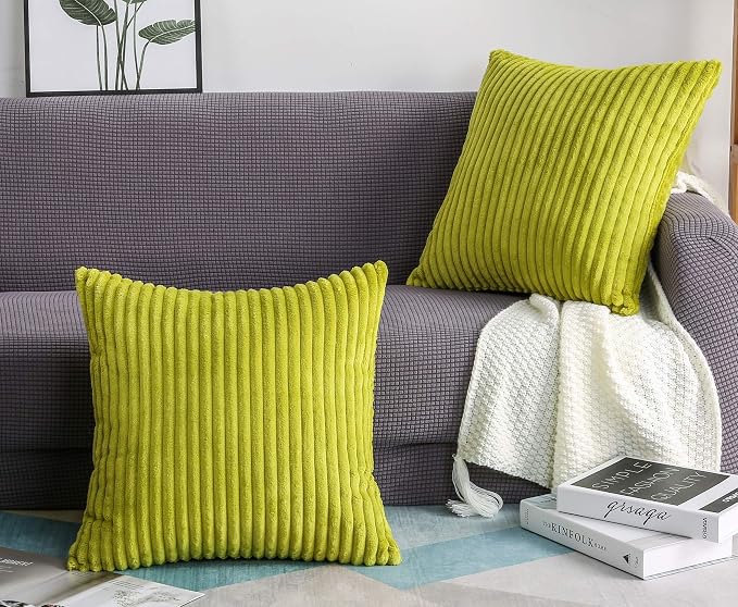 TangDepot Velvet Big Corduroy Pillow Covers 20x20 Green 2-Pack | Soft wide-stripe corduroy pillow cover, hidden zipper, machine washable, easy refresh, for bedroom living room indoor outdoor