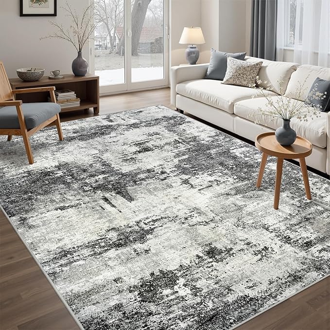 Area Rug Living Room Rugs: 5x7 Washable Rug with Anti-Slip Backing Non-Shedding Stain-Resistant Foldable Modern Abstract Carpet for Bedroom Dining Room Nursery Home Office - Black