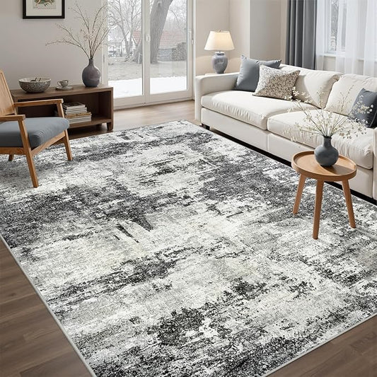 Area Rug Living Room Rugs: 5x7 Washable Rug with Anti-Slip Backing Non-Shedding Stain-Resistant Foldable Modern Abstract Carpet for Bedroom Dining Room Nursery Home Office - Black