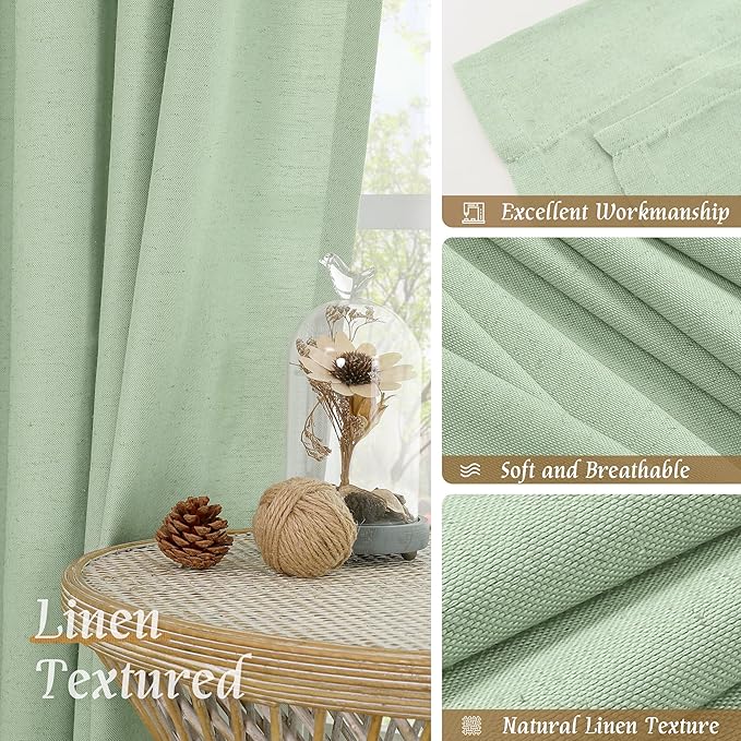 LAMIT Linen Curtains 84 inches for Bedroom, Faux Linen Textured Light Filtering Drapes Rod Pocket Boho Semi Sheer Panels for Farmhouse/Living Room, 2 Panels, 52 x 84 Inch, Light Green