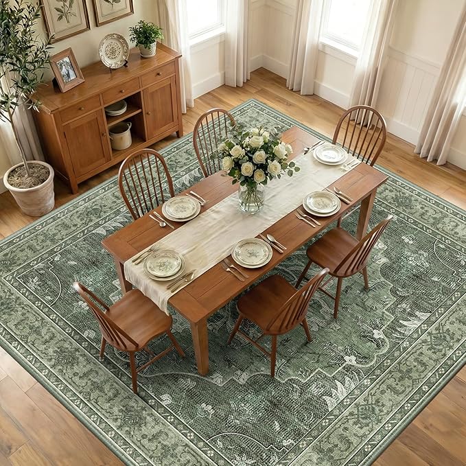 RELEANY Area Rugs Square 10ft Washable Non-Slip, Floral Vintage Distress Print Pattern Medallion Carpet for Living Room Bedroom Dining Room, Dark Green Gray