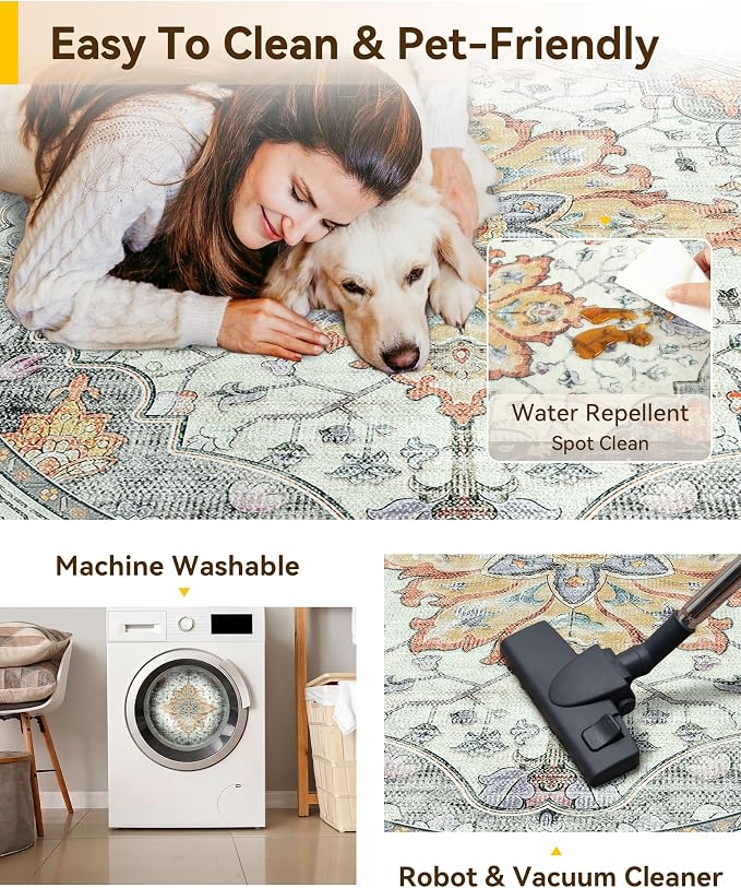 RELEANY Area Rugs Round 10ft Washable Non-Slip, Floral Vintage Distress Medallion Carpet for Living Room Bedroom Dining Room, Beige Carbon Grey Orange