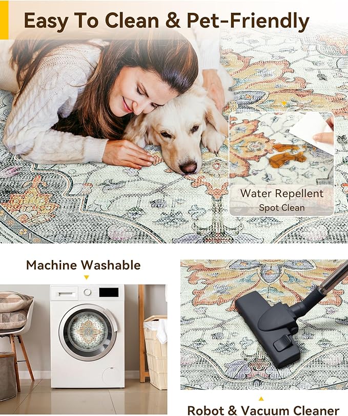 RELEANY Area Rugs 7ft Washable Non-Slip, Floral Vintage Distress Print Pattern Medallion Carpet for Living Room Bedroom Dining Room, Light Yellow Carbon Grey Orange