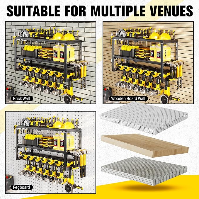 Hipidian Power Tool Organizer Wall Mount - Storage Rack with 4 Drill Holders for Drills Cordless Tools. Heavy Duty Iron Garage Tool Organizer Storage for Workshop Shed (7 Slots 3 Layers)