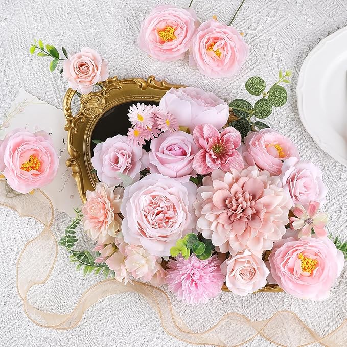 Rose Artificial Flowers Combo Fake Flowers Rose Silk Flowers with Stems for DIY Wedding Bouquets Centerpieces Arrangements Table Decor Valentine's Day Bridal Baby Shower Party Home Decor(Nude Pink)