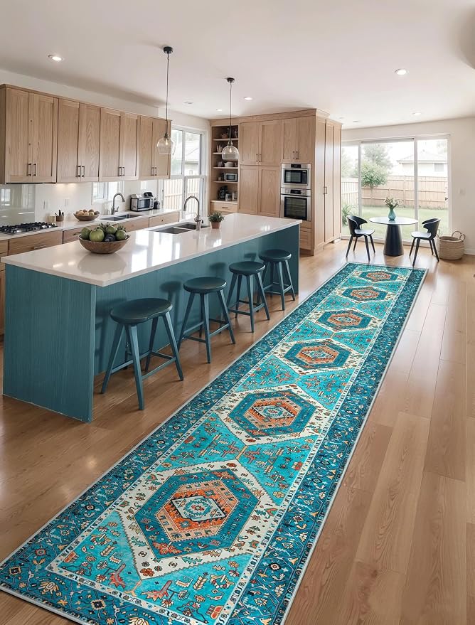 SERISSA Runner Rug for Hallways, 2'6"x16' Washable Non Slip Kitchen Runner Rug, Extra Long Boho Rug Ultra Soft Vintage Blue Print Floor Carpet for Bedroom Hallway Entryway Bathroom Laundry Room