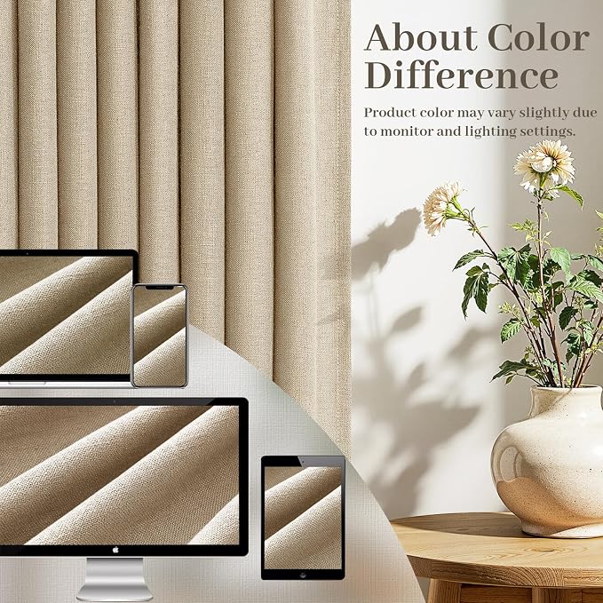 Custom Made Rustic Pinch Pleated Linen Curtains 102 Inches Long for Living Room Bedroom Netural Textured Linen Back Tab Light Brown Memory Trained Pleat Drapes Ceiling Floor Semi Sheer Sliding Door