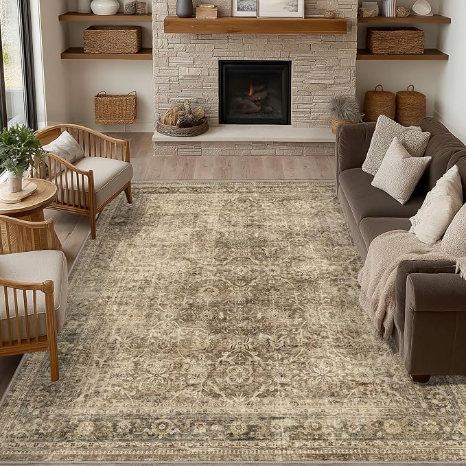FMFUNCTEX 6x9 Washable Area Rug Brown Vintage Neutral Distressed Large Non Slip Carpet for Living Room Bedroom Soft Low Pile Indoor Mat Retro Floral Throw Rug for Dining Room Kitchen Office Nursery
