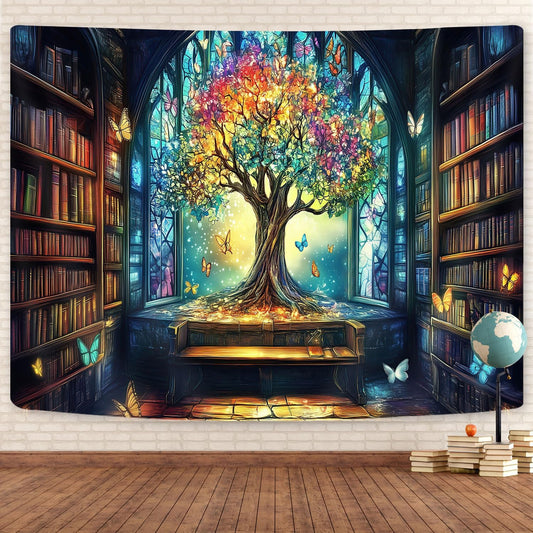 Mysterious Library Tapestry, Fantasy Enchanted Tree Magic Bookshelf Aesthetic Tapestries for Classroom, Witchy Fairy Tree Vintage Bookshelf Book Art Tapestry Wall Hanging College Room Bedroom, 80X60