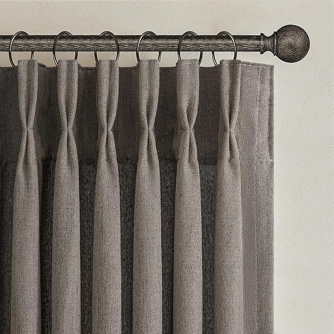 Chocolate Tart Pinch Pleat 90 Inch Bedroom Curtains 2 Panels Set, Memory Shape Natural Linen Semi Sheer Light Filtering Privacy Heavy Windows Drapes Country Dining Room Viral Curtain with Hooks Rings