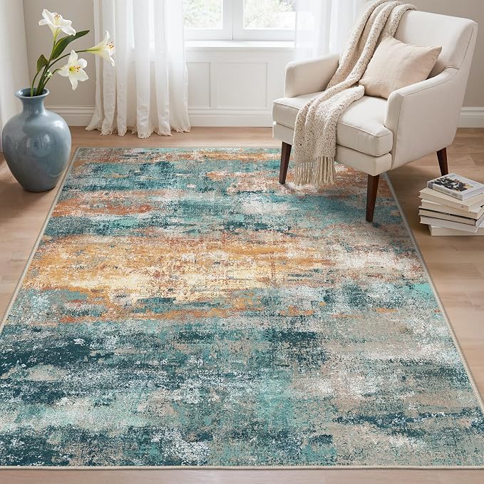 BEIMO Area Rugs 8x10 for Living Room Bedroom, Modern Abstract Machine Washable Rug, Large Soft Low Pile Floor Carpet with Non Slip Backing for Dining Room, Blue/Orange