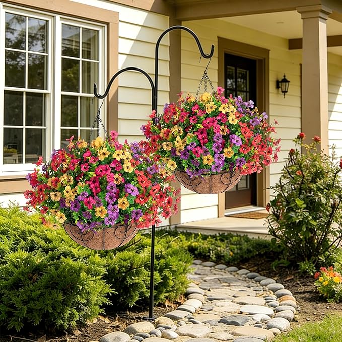 HyeFlora 2 Set Artificial Outdoor Flowers Hanging Basket, Faux Hanging Plants for Outside Spring Decoration, Fake Silk UV Resistant Look Real Daisy for Porch Patio Home Decor