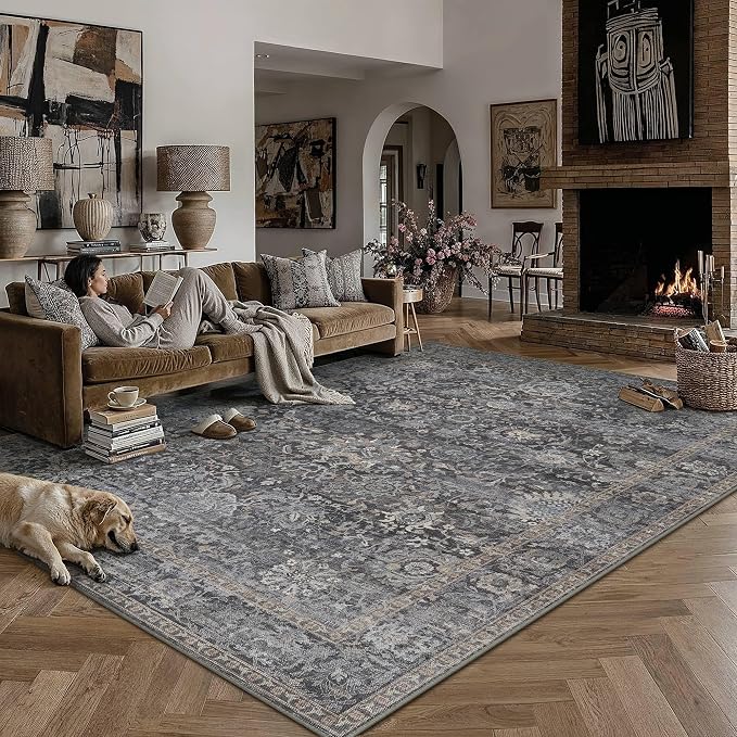 HUGEAR Area Rugs 8x10 Blue Washable Rug for Living Room Bedroom Large Neutral Vintage Rug Carpet Distressed Soft Durable Non Slip No Shedding for Indoor Dining Nursery Farmhouse