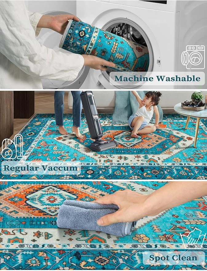 SERISSA Runner Rug for Hallways, 2'6"x16' Washable Non Slip Kitchen Runner Rug, Extra Long Boho Rug Ultra Soft Vintage Blue Print Floor Carpet for Bedroom Hallway Entryway Bathroom Laundry Room